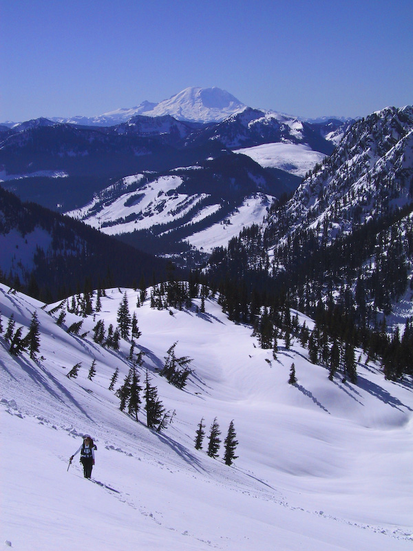 Climber Crossing Snow Slope With Mount Rainier In The Distance
